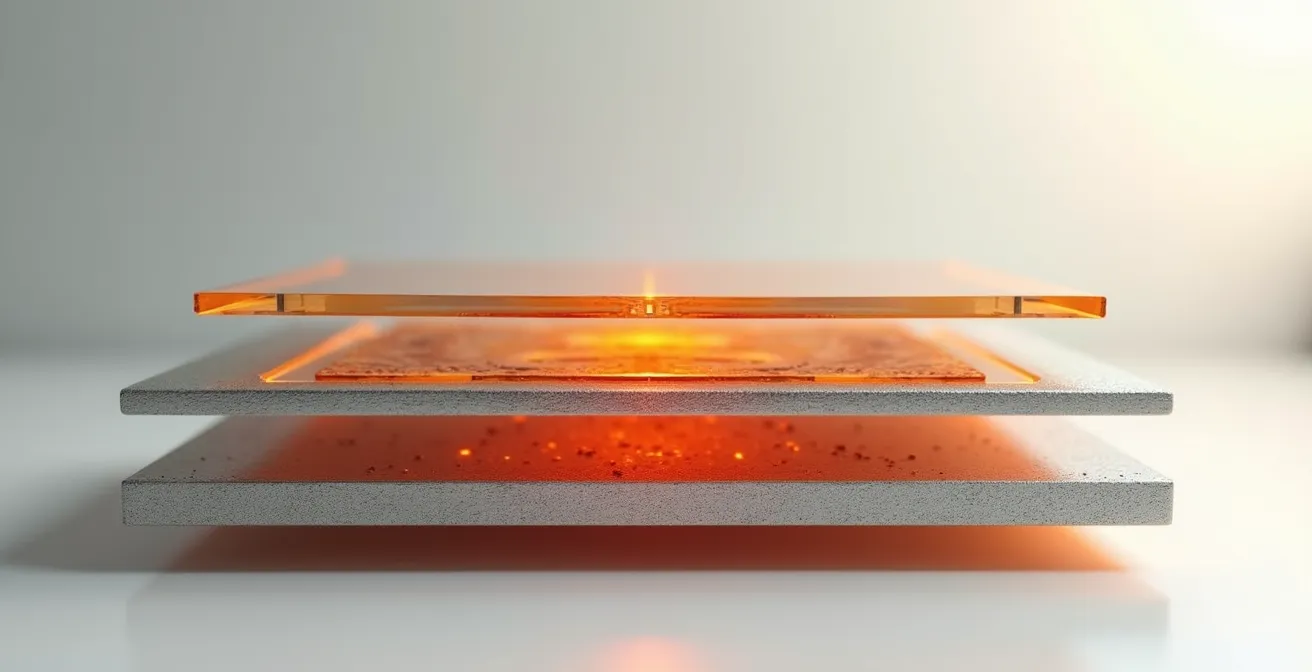 Symbolische Darstellung von Wärmeleitung durch Materialschichten mit natürlichen Texturen und Farbverläufen