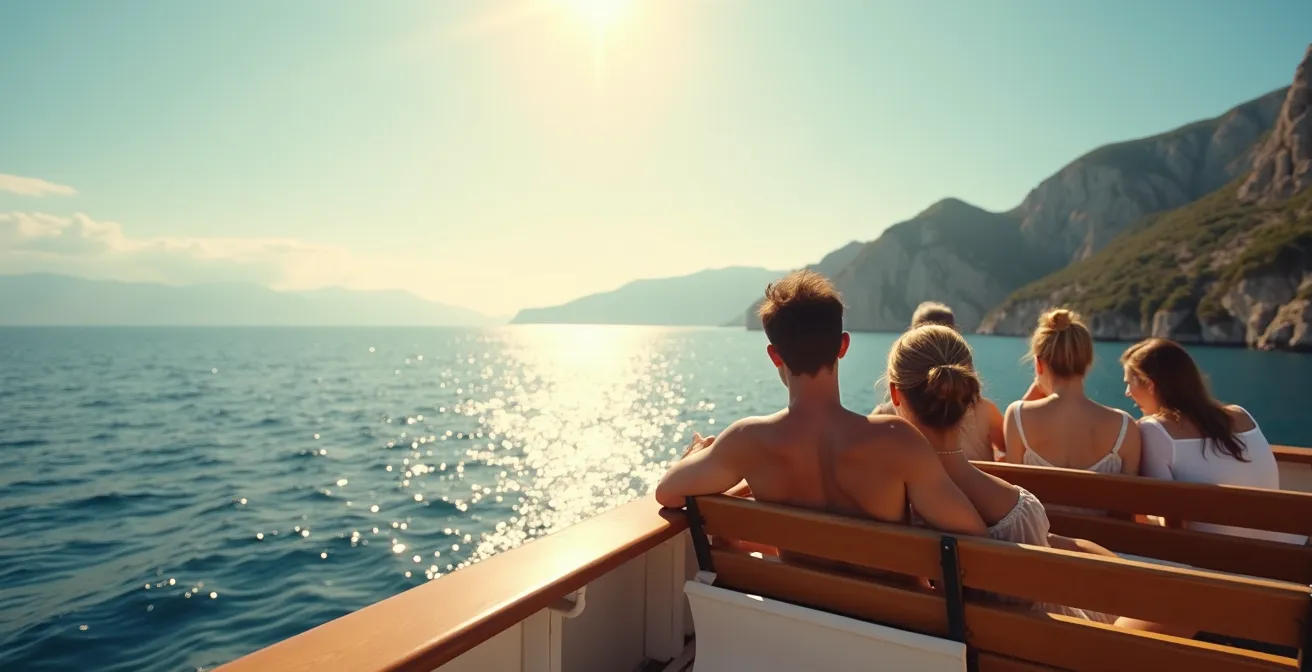 Landschaft mit entspannten Passagieren auf einem Schiff mit Blick aufs Mittelmeer