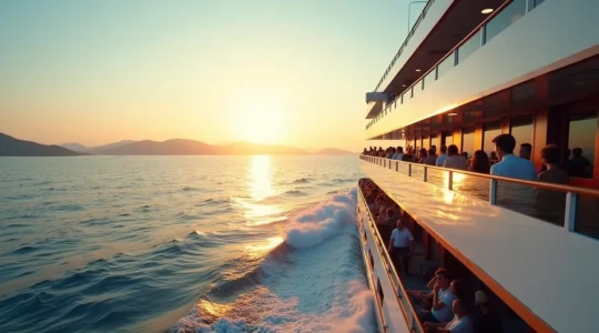 Moderne Fähre auf dem Meer mit sichtbaren Passagieren an Deck bei Sonnenuntergang