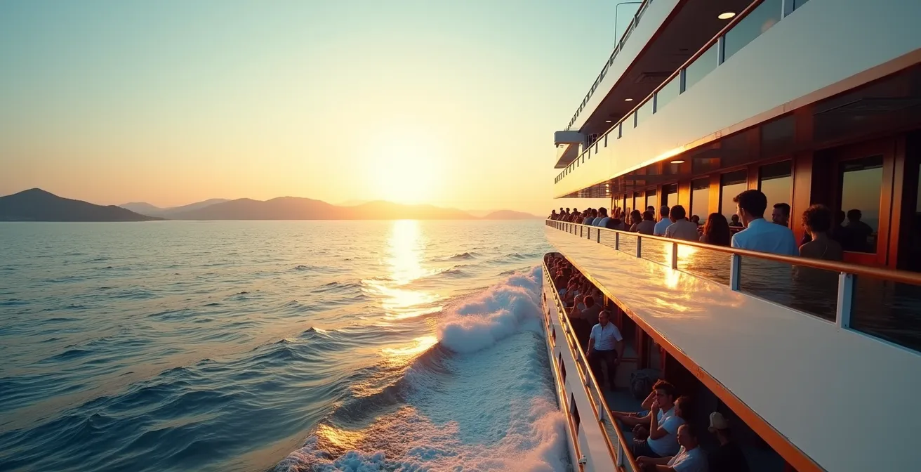Moderne Fähre auf dem Meer mit sichtbaren Passagieren an Deck bei Sonnenuntergang