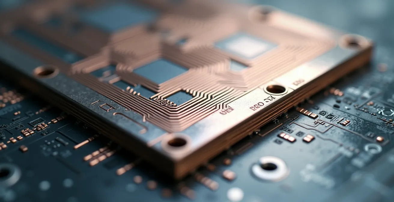 Nahaufnahme einer modernen IMS-Leiterplatte mit strukturiertem Aluminiumkern und Kupferleiterbahnen, die thermische Effizienz visualisiert