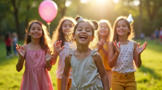 Kinder feiern freudig einen Kindergeburtstag mit Dekoration, Spielen und gemeinsamen Momenten