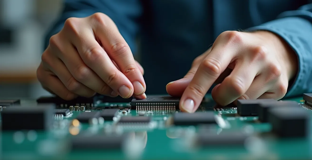 Nahaufnahme von ineinander greifenden technischen Komponenten als Symbol für Kreislaufwirtschaft und nachhaltige Elektronikproduktion