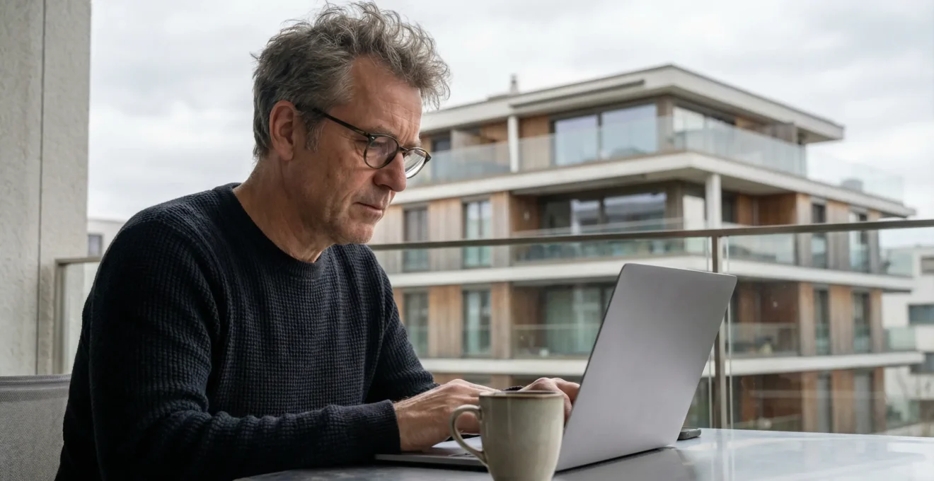Immobilienpreise Zürich recherchieren: Mann am Laptop auf Balkon