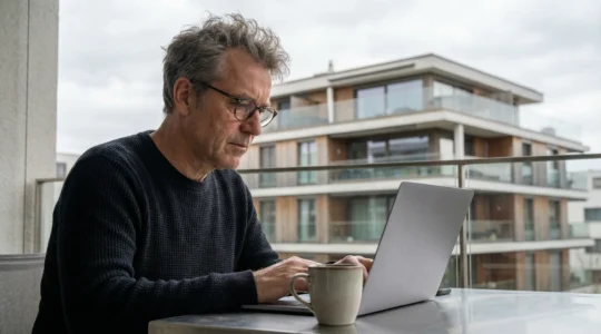 Immobilienpreise Zürich recherchieren: Mann am Laptop auf Balkon
