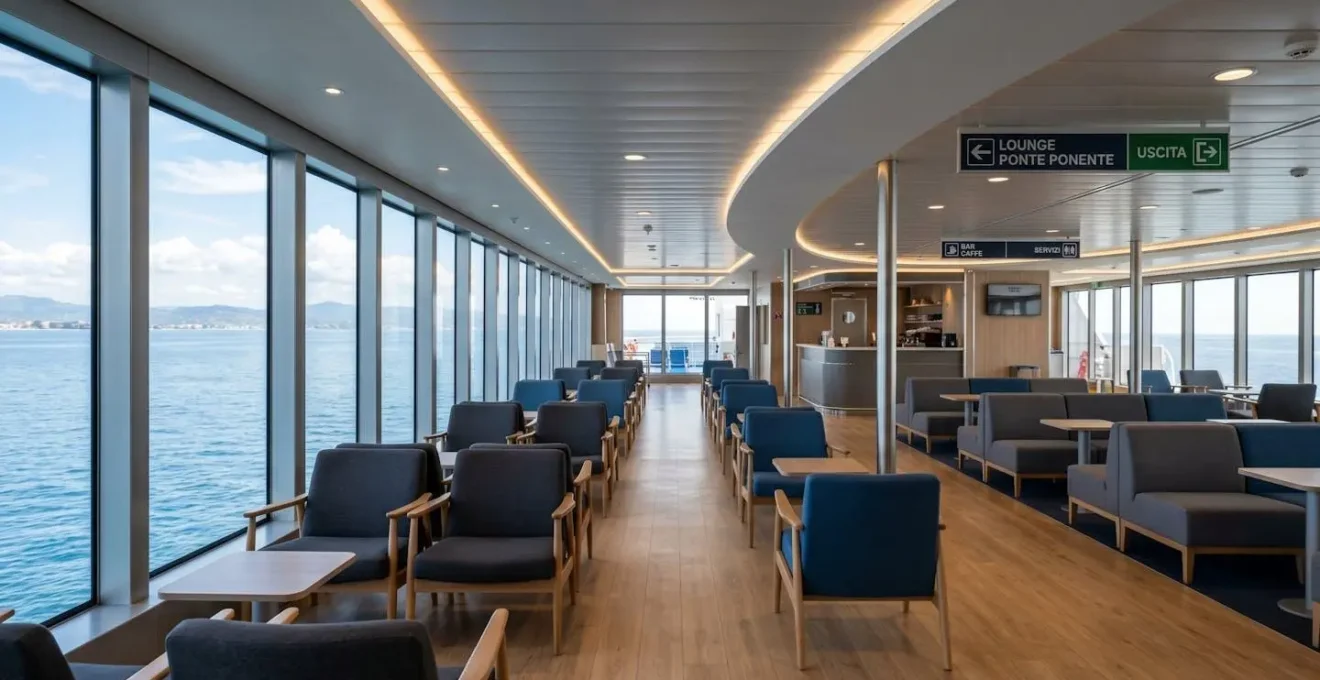 Moderne Lounge-Innenraum einer Fähre mit bequemen Sitzplätzen, grossen Fenstern mit Meerblick, helles zeitgenössisches Design, reichlich Tageslicht, keine Personen im Vordergrund