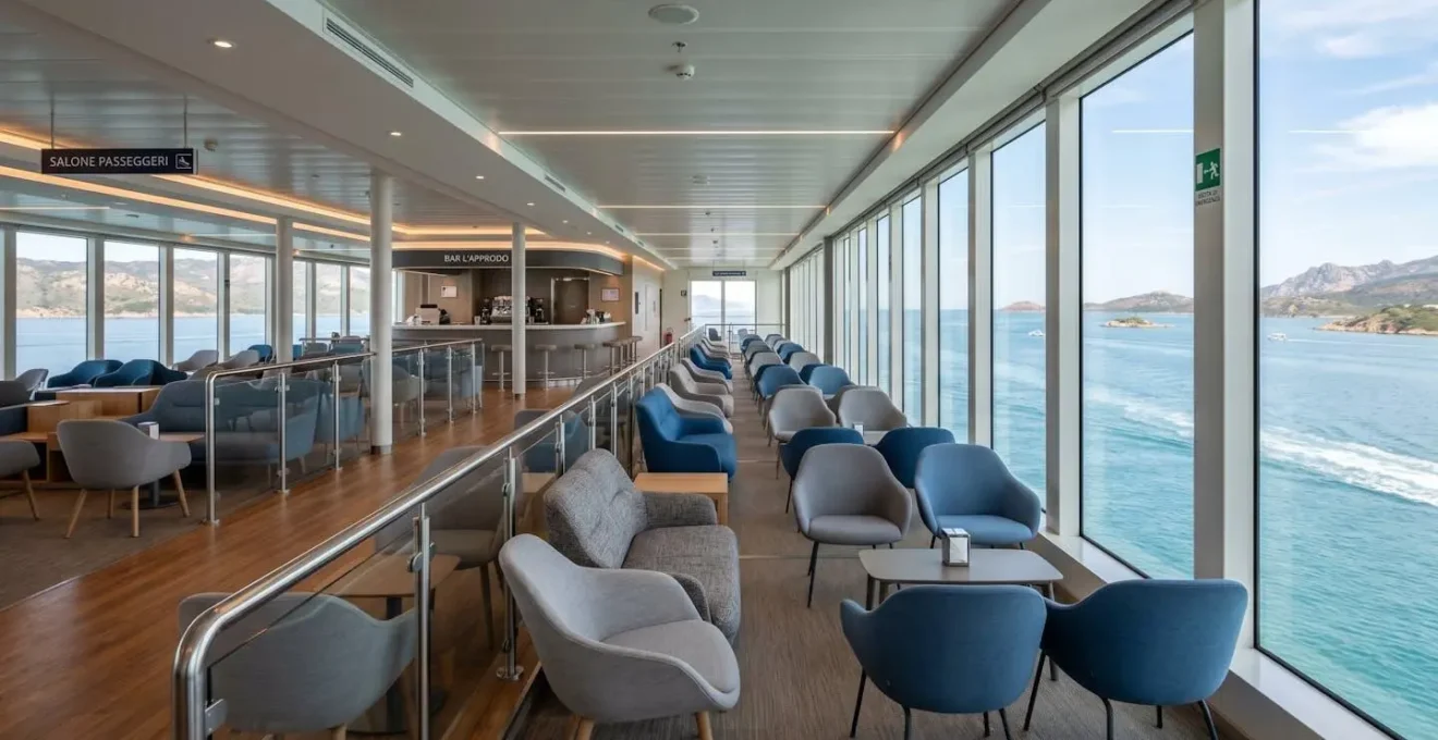 Moderne Lounge-Innenraum einer Fähre mit bequemen Sitzplätzen, grossen Fenstern mit Meerblick, helles zeitgenössisches Design, reichlich Tageslicht, keine Personen im Vordergrund