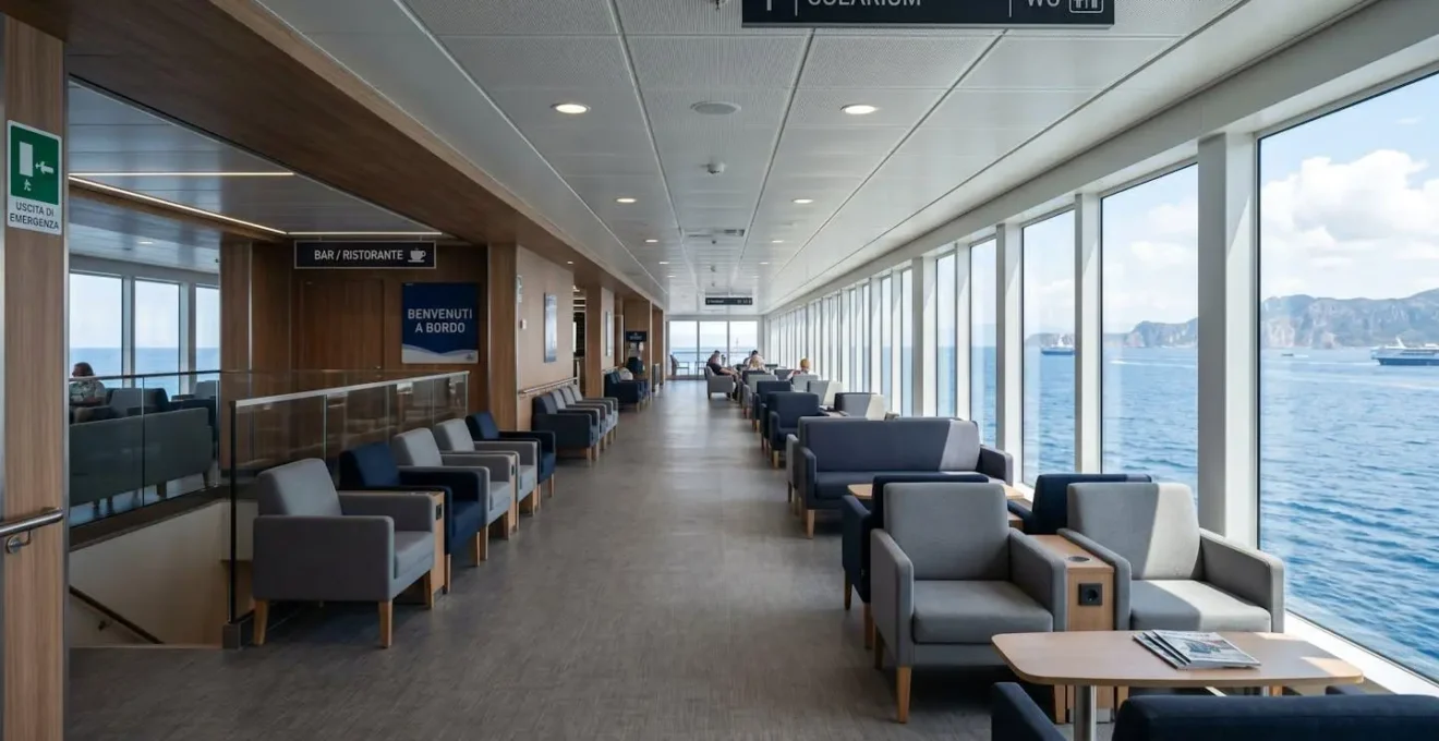 Moderne Lounge-Innenraum einer Fähre mit bequemen Sitzplätzen, grossen Fenstern mit Meerblick, helles zeitgenössisches Design, reichlich Tageslicht, keine Personen im Vordergrund