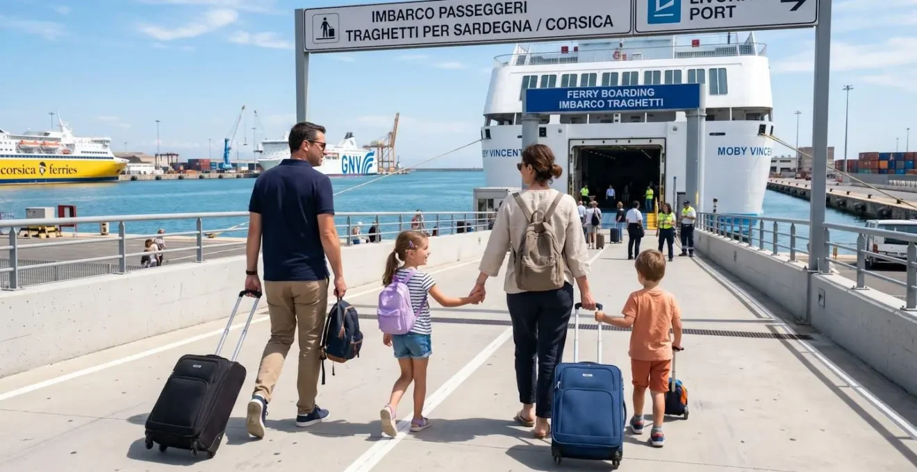 Eine Familie mit zwei kleinen Kindern und Rollkoffern geht in Richtung Fähren-Boarding-Rampe, von hinten fotografiert, moderner Hafen Livorno im zeitgenössischen Ambiente
