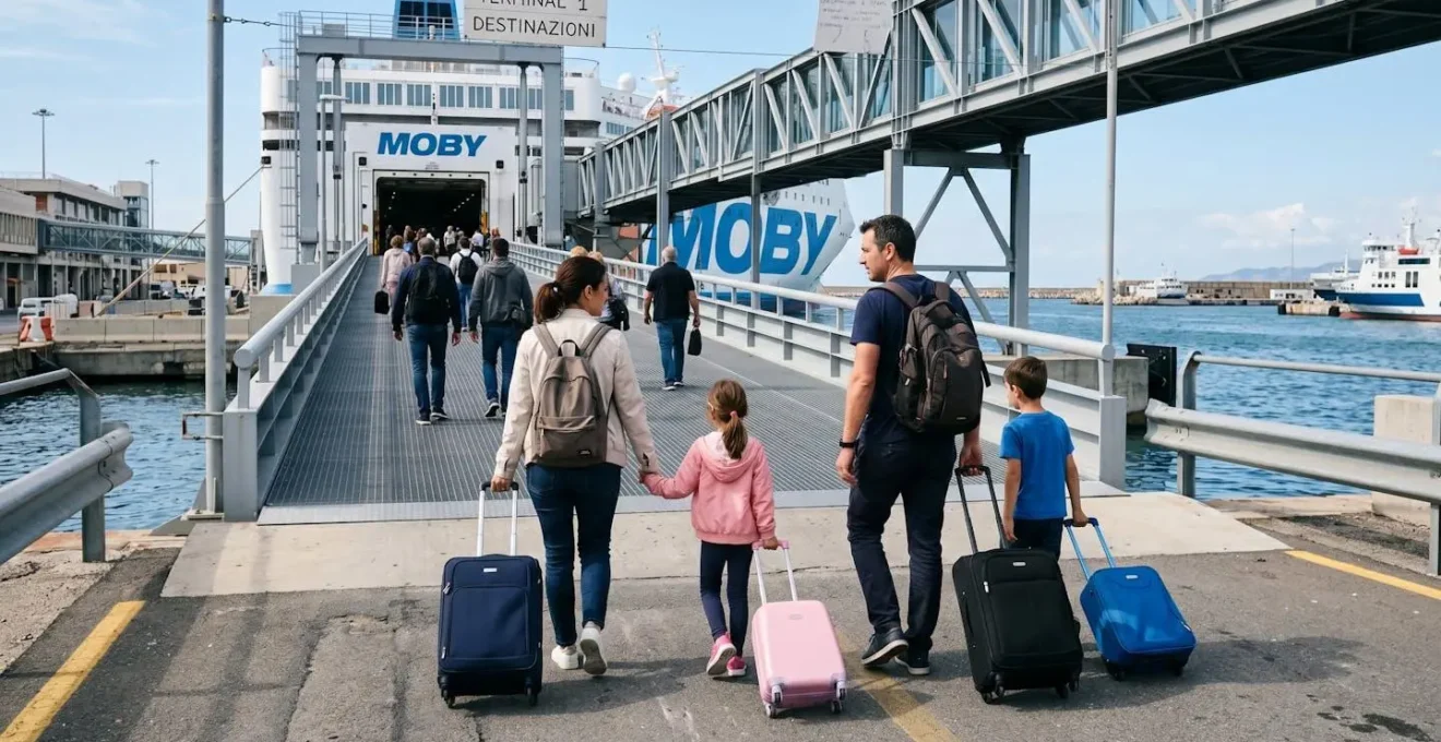 Eine Familie mit zwei kleinen Kindern und Rollkoffern geht in Richtung Fähren-Boarding-Rampe, von hinten fotografiert, moderner Hafen Livorno im zeitgenössischen Ambiente