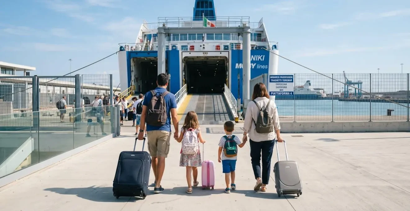 Eine Familie mit zwei kleinen Kindern und Rollkoffern geht in Richtung Fähren-Boarding-Rampe, von hinten fotografiert, moderner Hafen Livorno im zeitgenössischen Ambiente
