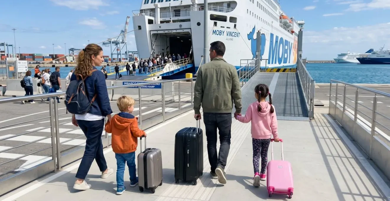 Eine Familie mit zwei kleinen Kindern und Rollkoffern geht in Richtung Fähren-Boarding-Rampe, von hinten fotografiert, moderner Hafen Livorno im zeitgenössischen Ambiente