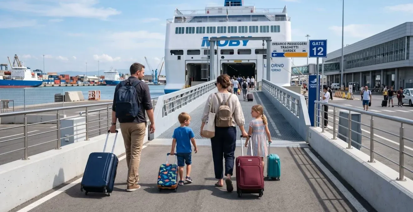 Eine Familie mit zwei kleinen Kindern und Rollkoffern geht in Richtung Fähren-Boarding-Rampe, von hinten fotografiert, moderner Hafen Livorno im zeitgenössischen Ambiente