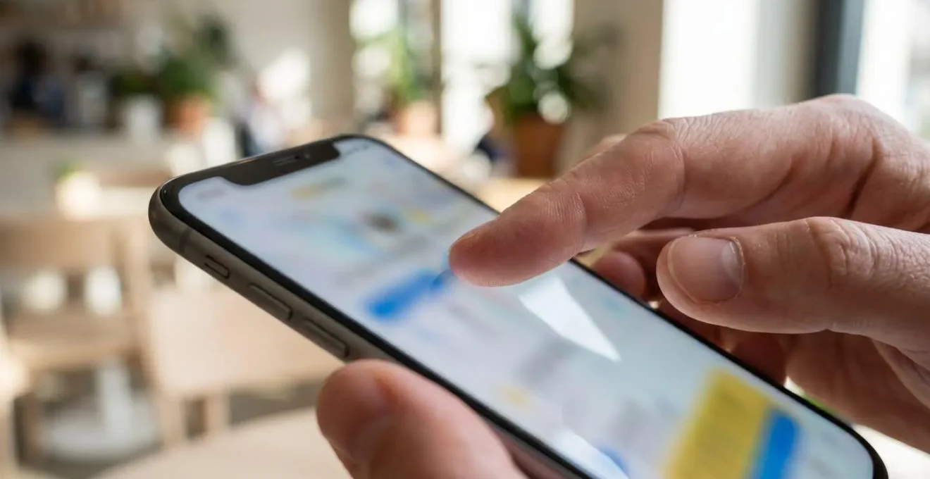 Nahaufnahme einer Hand, die ein Smartphone hält, der Bildschirm zeigt verschwommene App-Inhalte, scharfer Fokus auf die Fingergeste