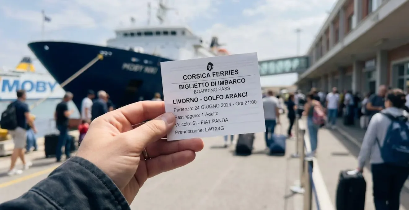 Eine Hand hält eine moderne Fährreservierungsbestätigung für die Route Livorno-Golfo Aranci, im unscharfen Hintergrund das Terminal des Hafens Livorno bei Tageslicht