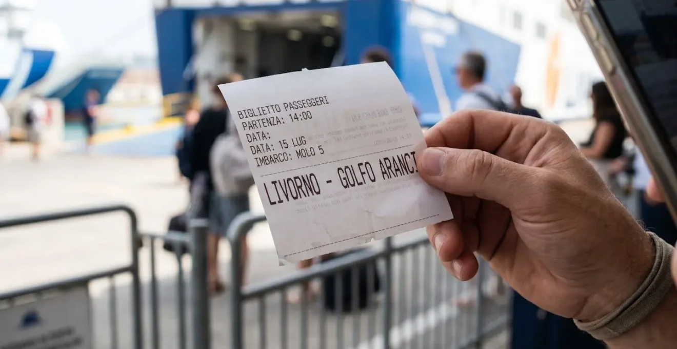 Eine Hand hält eine moderne Fährreservierungsbestätigung für die Route Livorno-Golfo Aranci, im unscharfen Hintergrund das Terminal des Hafens Livorno bei Tageslicht