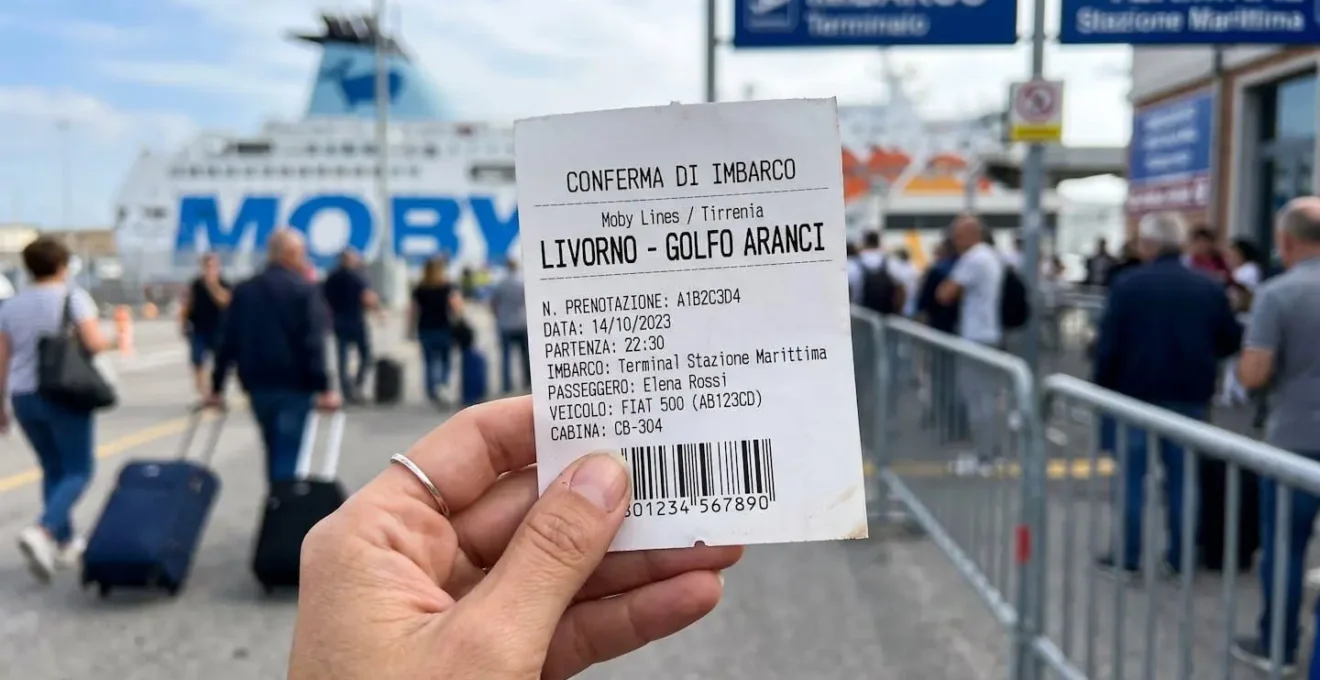 Eine Hand hält eine moderne Fährreservierungsbestätigung für die Route Livorno-Golfo Aranci, im unscharfen Hintergrund das Terminal des Hafens Livorno bei Tageslicht