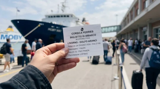 Eine Hand hält eine moderne Fährreservierungsbestätigung für die Route Livorno-Golfo Aranci, im unscharfen Hintergrund das Terminal des Hafens Livorno bei Tageslicht