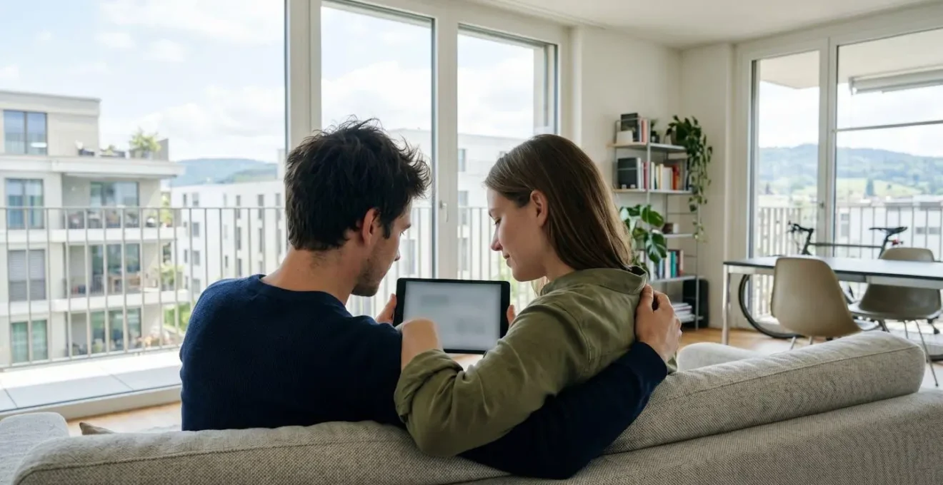 Ein Paar sitzt gemeinsam auf einem Sofa und betrachtet konzentriert ein Tablet in heller, moderner Schweizer Wohnung