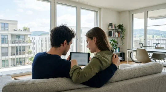 Ein Paar sitzt gemeinsam auf einem Sofa und betrachtet konzentriert ein Tablet in heller, moderner Schweizer Wohnung