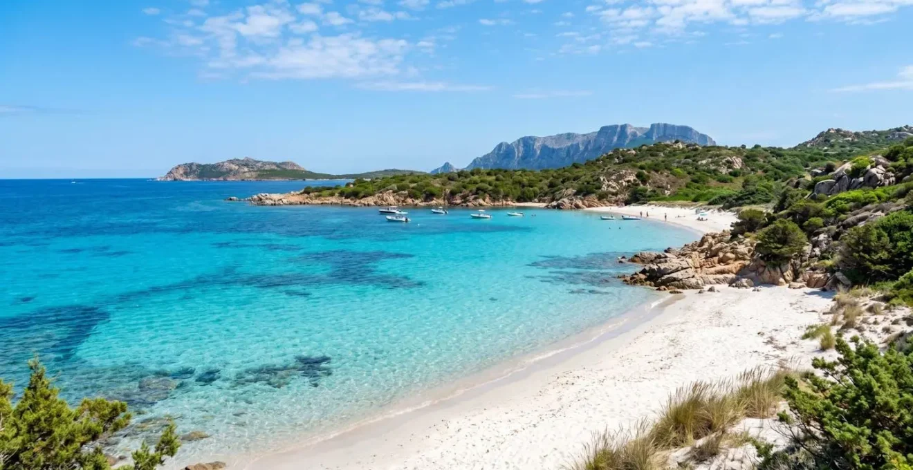 Weitwinkelaufnahme eines unberührten Strandes von Golfo Aranci, Sardinien, türkisfarbenes kristallklares Wasser, weisser Sand, mediterrane Küstenlandschaft, sonniger Tag, lebendige natürliche Farben, keine Personen im Hauptfokus