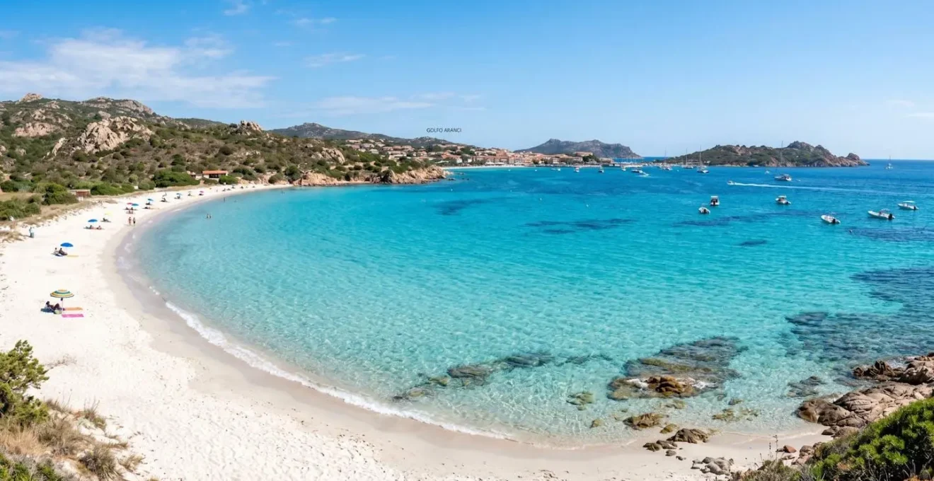 Weitwinkelaufnahme eines unberührten Strandes von Golfo Aranci, Sardinien, türkisfarbenes kristallklares Wasser, weisser Sand, mediterrane Küstenlandschaft, sonniger Tag, lebendige natürliche Farben, keine Personen im Hauptfokus