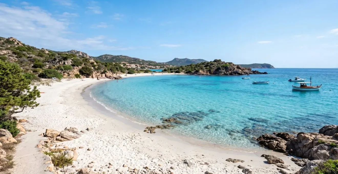 Weitwinkelaufnahme eines unberührten Strandes von Golfo Aranci, Sardinien, türkisfarbenes kristallklares Wasser, weisser Sand, mediterrane Küstenlandschaft, sonniger Tag, lebendige natürliche Farben, keine Personen im Hauptfokus