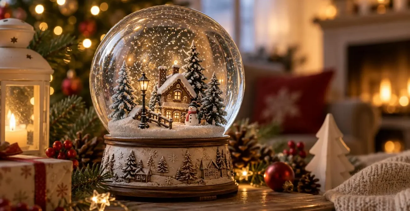 Hochwertige Schneekugel mit beleuchtetem Winterhaus, Tannenbäumen und Schneefall als festliche Weihnachtsdekoration.