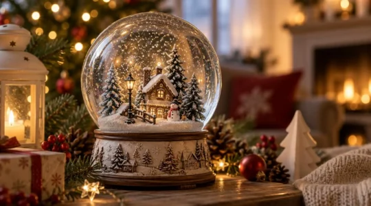 Hochwertige Schneekugel mit beleuchtetem Winterhaus, Tannenbäumen und Schneefall als festliche Weihnachtsdekoration.