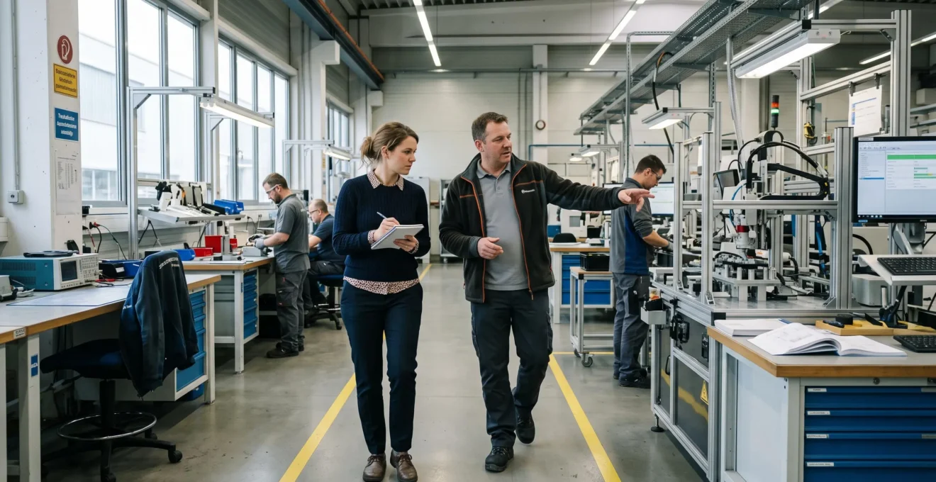 Talent Acquisition Partner besichtigt mit einem Abteilungsleiter ein technisches Arbeitsumfeld um den Personalbedarf zu verstehen
