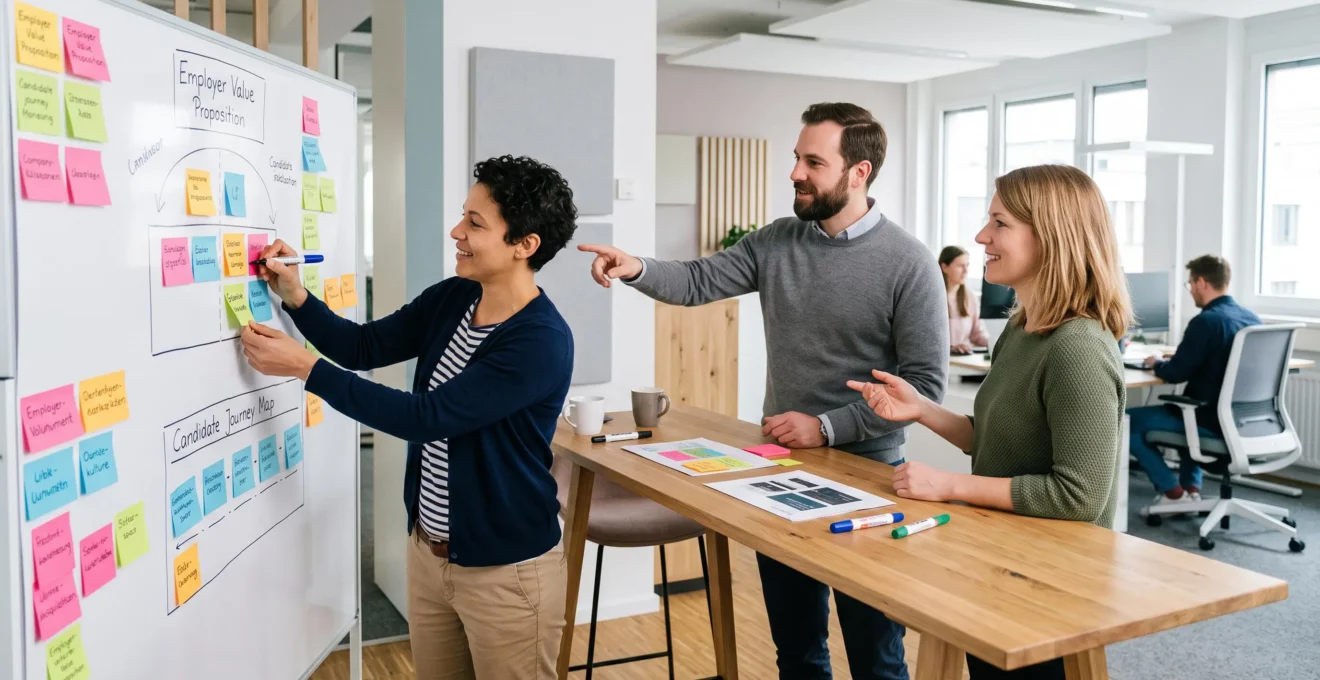 Talent Acquisition Partner arbeitet mit Kollegen an einer Employer-Branding-Strategie mit visuellen Planungsmaterialien
