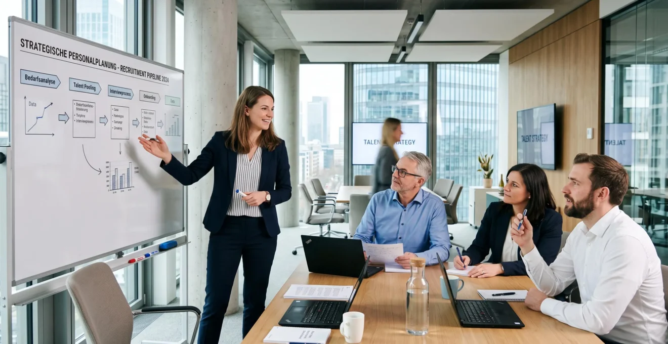 Talent Acquisition Partner leitet eine strategische Personalplanungssitzung mit Führungskräften in einem modernen Besprechungsraum eines deutschen Unternehmens