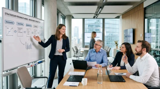 Talent Acquisition Partner leitet eine strategische Personalplanungssitzung mit Führungskräften in einem modernen Besprechungsraum eines deutschen Unternehmens